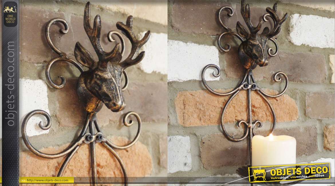 Porte bougie mural en métal, trophée de renne finition vieux bronze 35cm