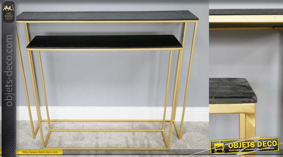 Série de 2 tables style console, en bois de manguier noir et métal doré 81cm