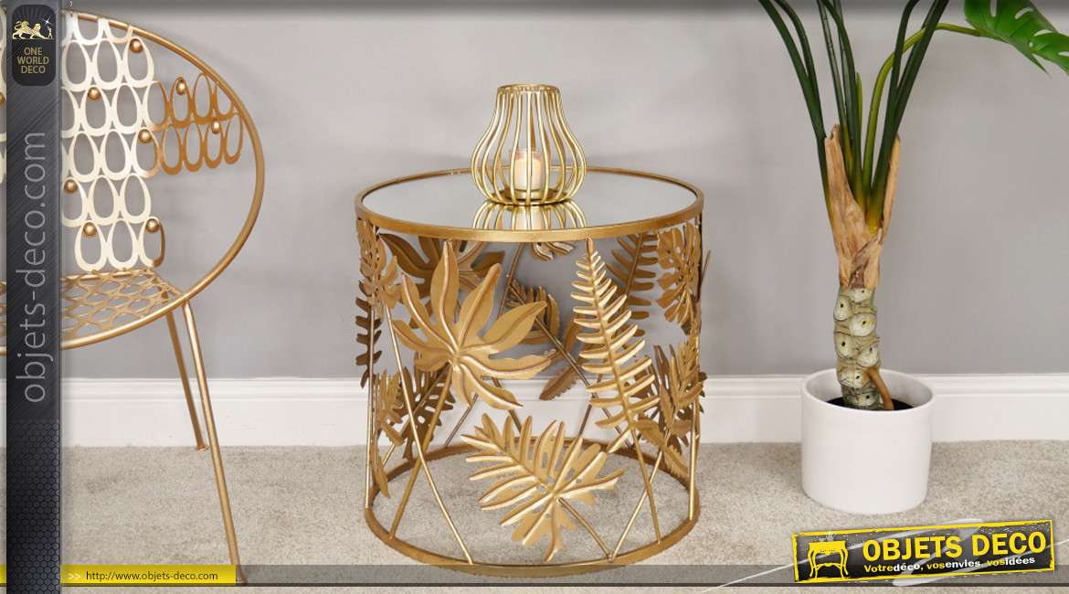 Table d'appoint ronde, en métal finition doré et plateau miroir style jungle 50cm