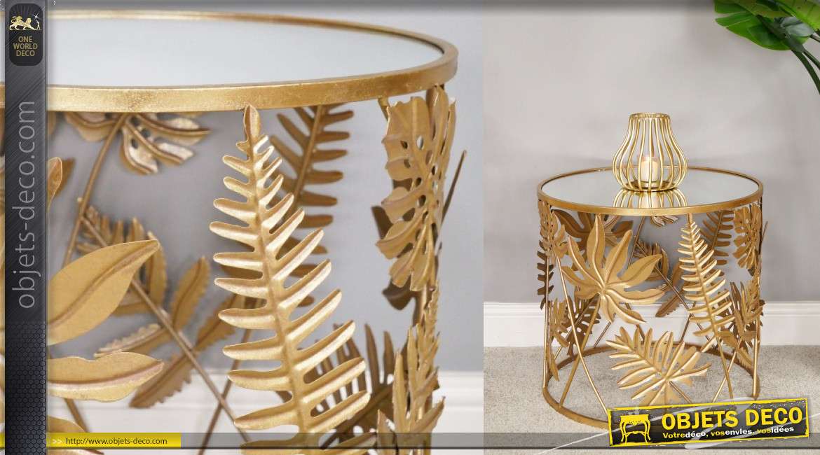 Table d'appoint ronde, en métal finition doré et plateau miroir style jungle 50cm