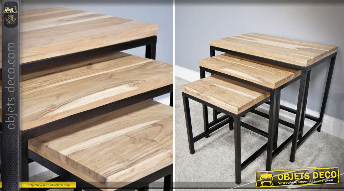 Série de 3 tables gigognes de style industriel en bois naturel et métal noir 61 cm