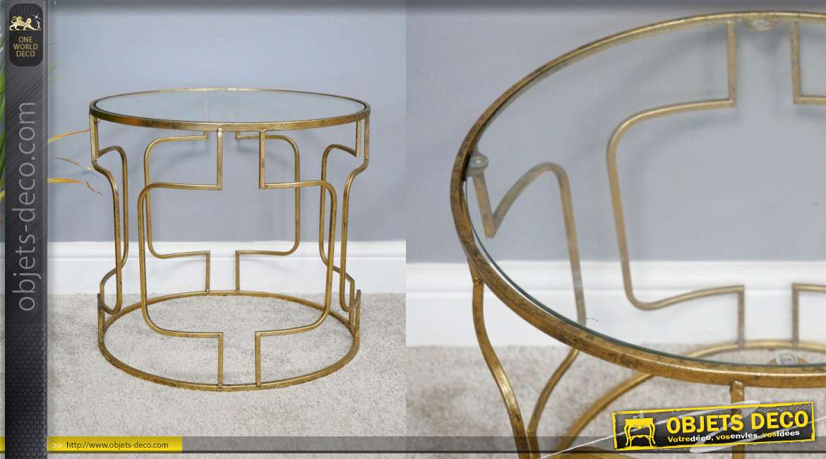 Table d'appoint ronde, en métal finition doré et plateau en verre style moderne 50cm