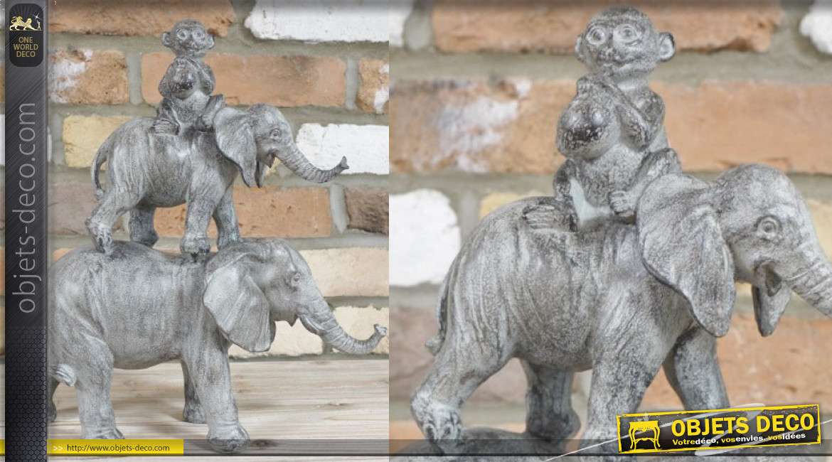 Statuette d'éléphants surperposés et singe, en résine finition gris usé, 36cm de hauteur finale