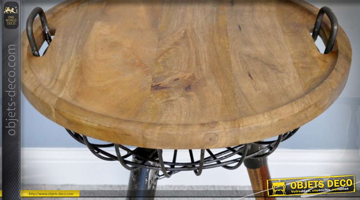 Table d'appoint avec panier sur trépied en bois et métal 65 cm