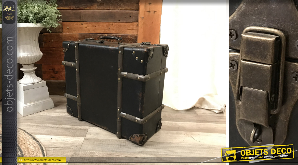 Grande valise déco en bois et métal, style malle de voyageur, 50cm