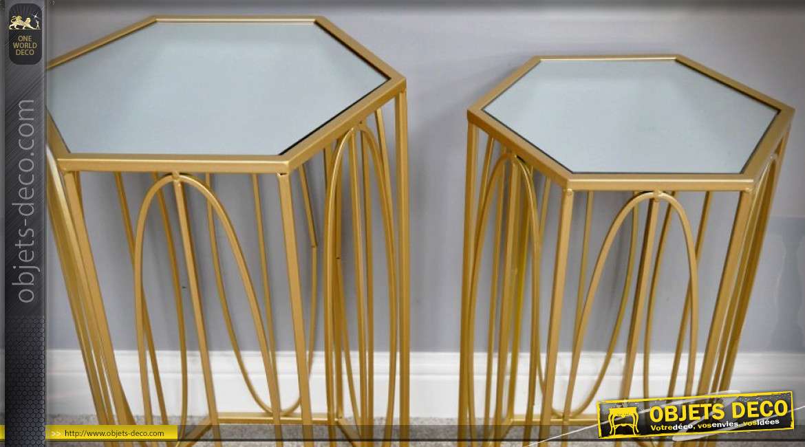 Duo de sellettes hexagonales en métal doré avec plateau en miroir 65 cm