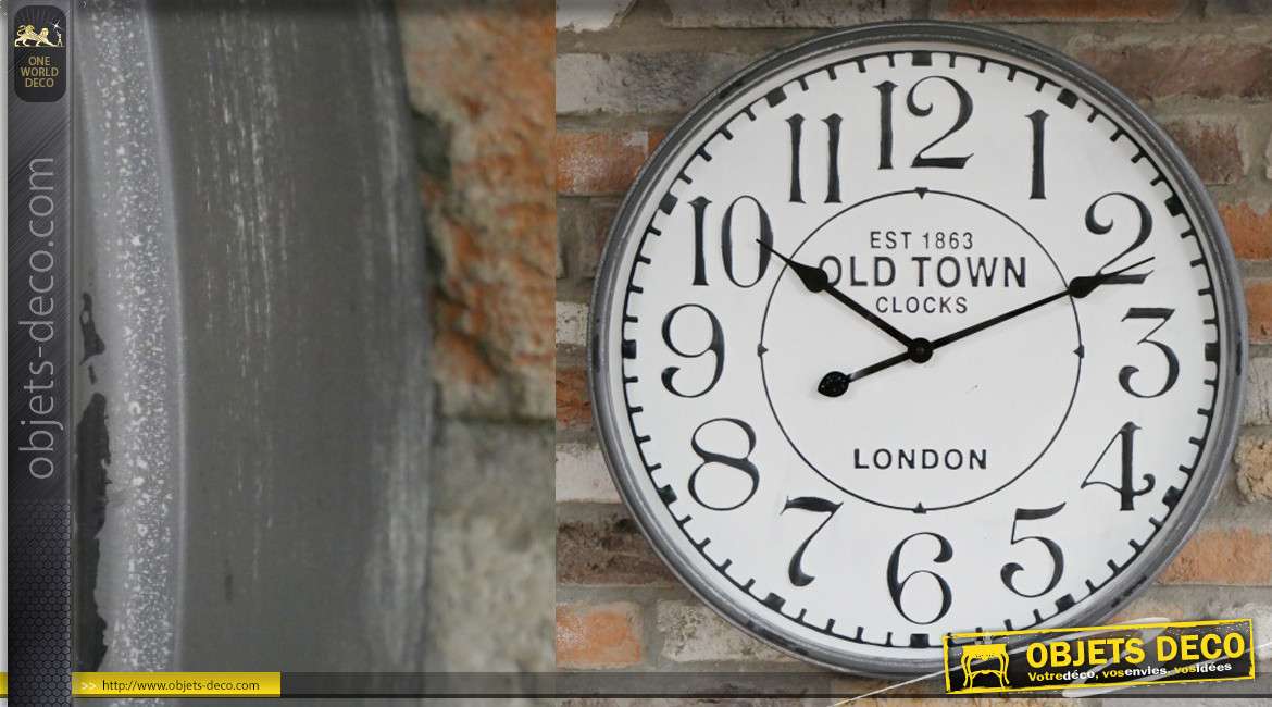Horloge murale en métal, finition blanc, style gros chronomètre rétro 60cm