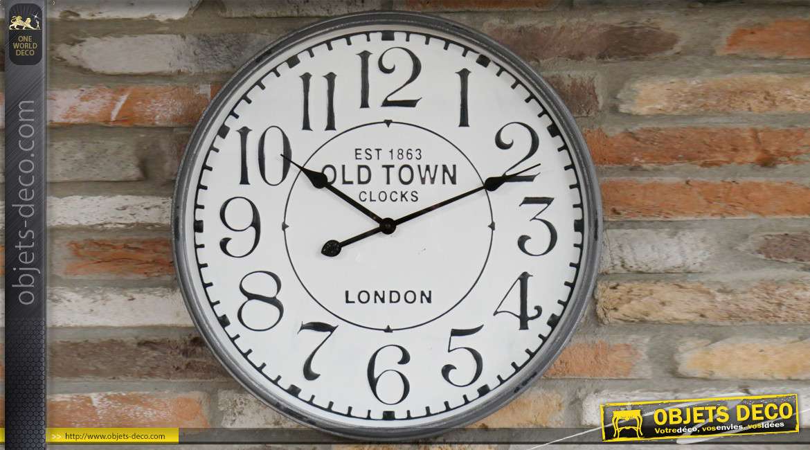 Horloge murale en métal, finition blanc, style gros chronomètre rétro 60cm