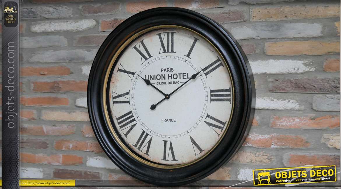 Grande horloge murale ronde, style rétro avec encadrement noir et doré ancien, 78cm