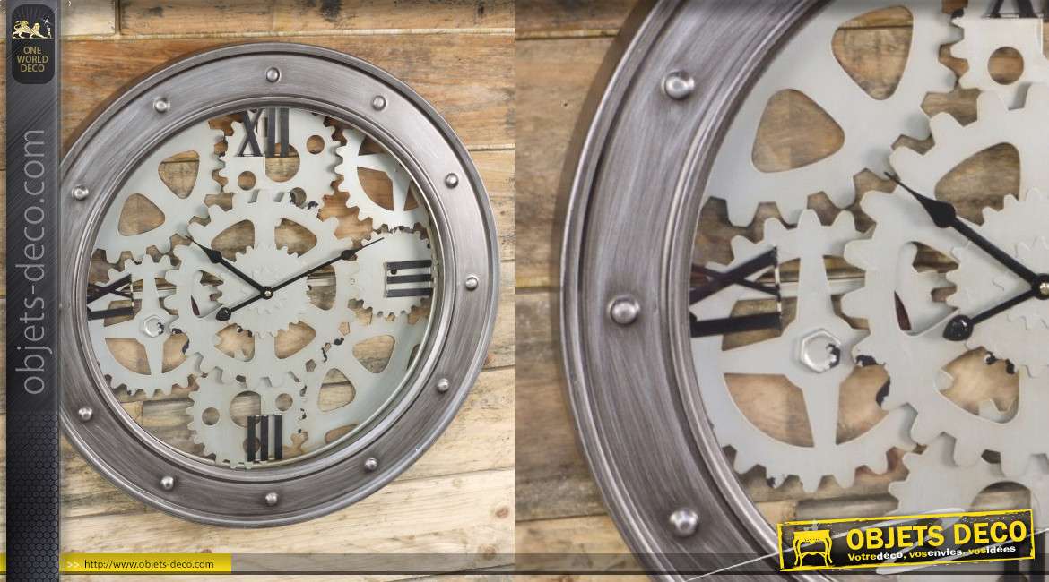 Horloge murale en métal de style industriel, cerclage avec boulons et engrenages, 60cm