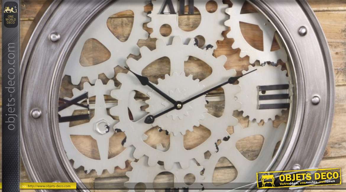 Horloge murale en métal de style industriel, cerclage avec boulons et engrenages, 60cm