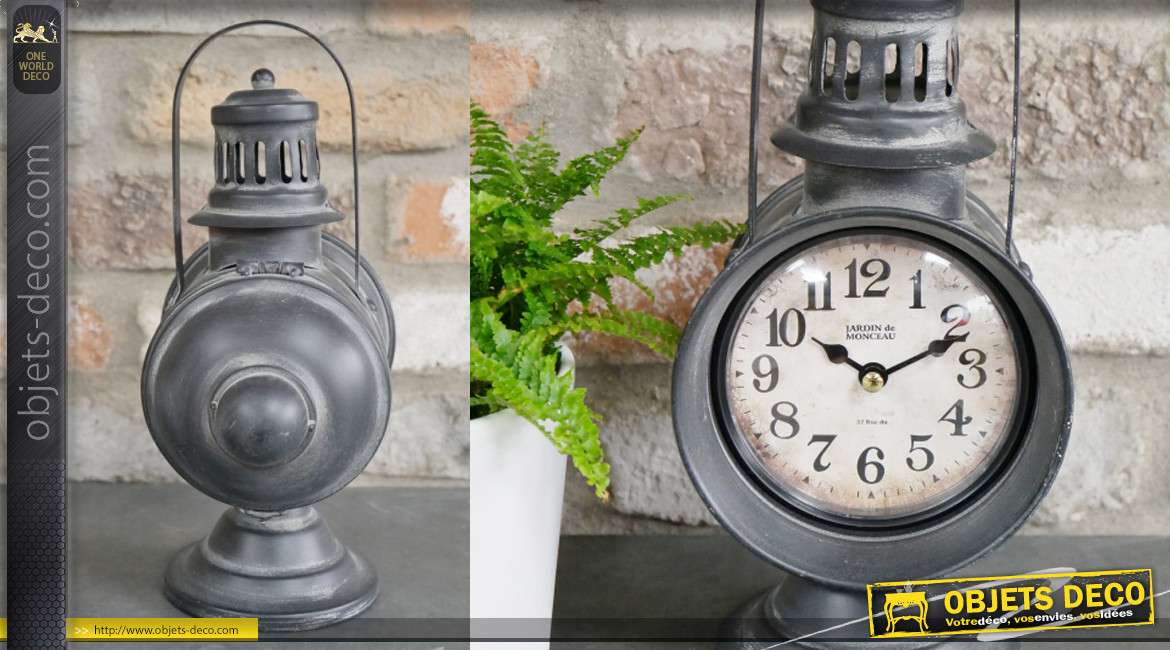 Horloge à poser en forme d'ancienne lanterne de chemin de fer, en métal, 29cm