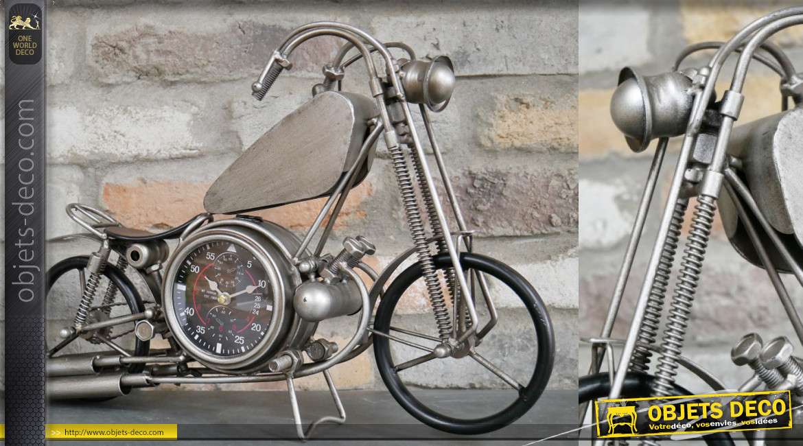 Horloge à poser en forme de moto, fabriquée en métal avec cadran au centre, 48cm
