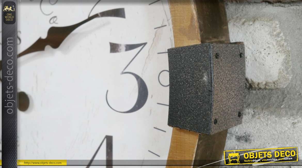 Horloge murale en bois et métal, style rétro vintage, finition brut et oxydé, 60cm