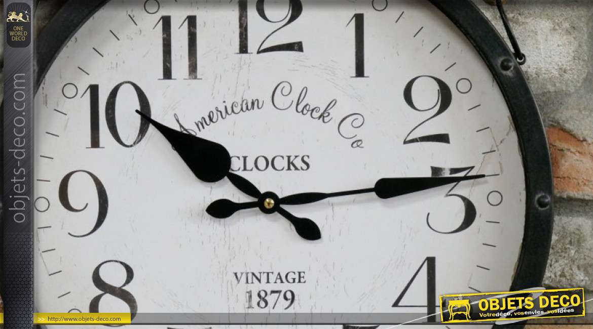 Horloge murale en métal, American clock avec corde de suspension, style rustico'indus