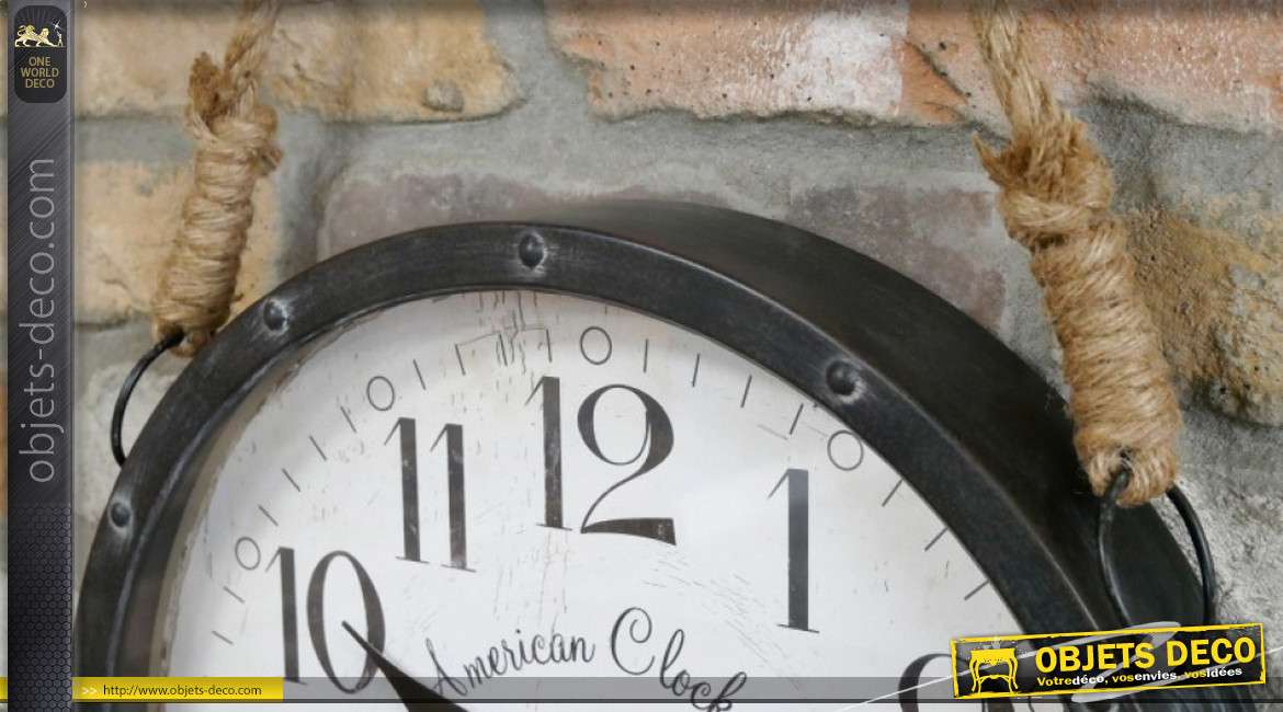 Horloge murale en métal, American clock avec corde de suspension, style rustico'indus