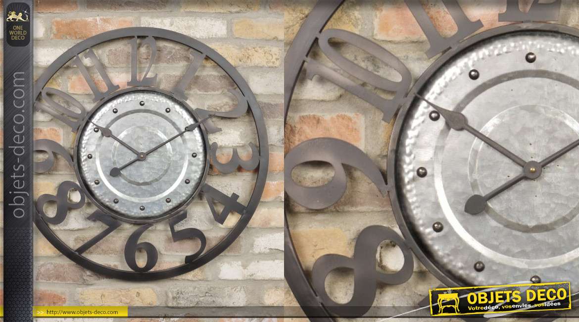 Horloge murale en métal, style industriel esprit enjoliveur de voiture, finition noir et alu, 70cm