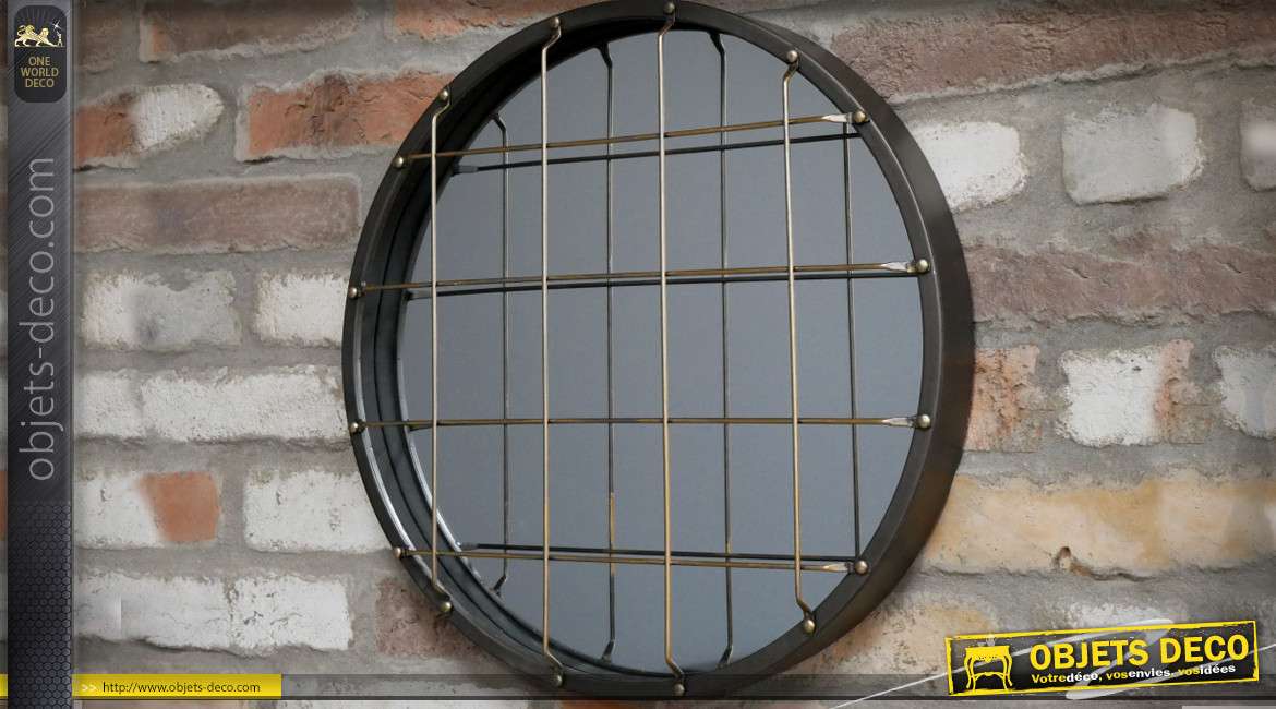 Miroir rond de style industriel avec grille à maillage carré Ø 46 cm
