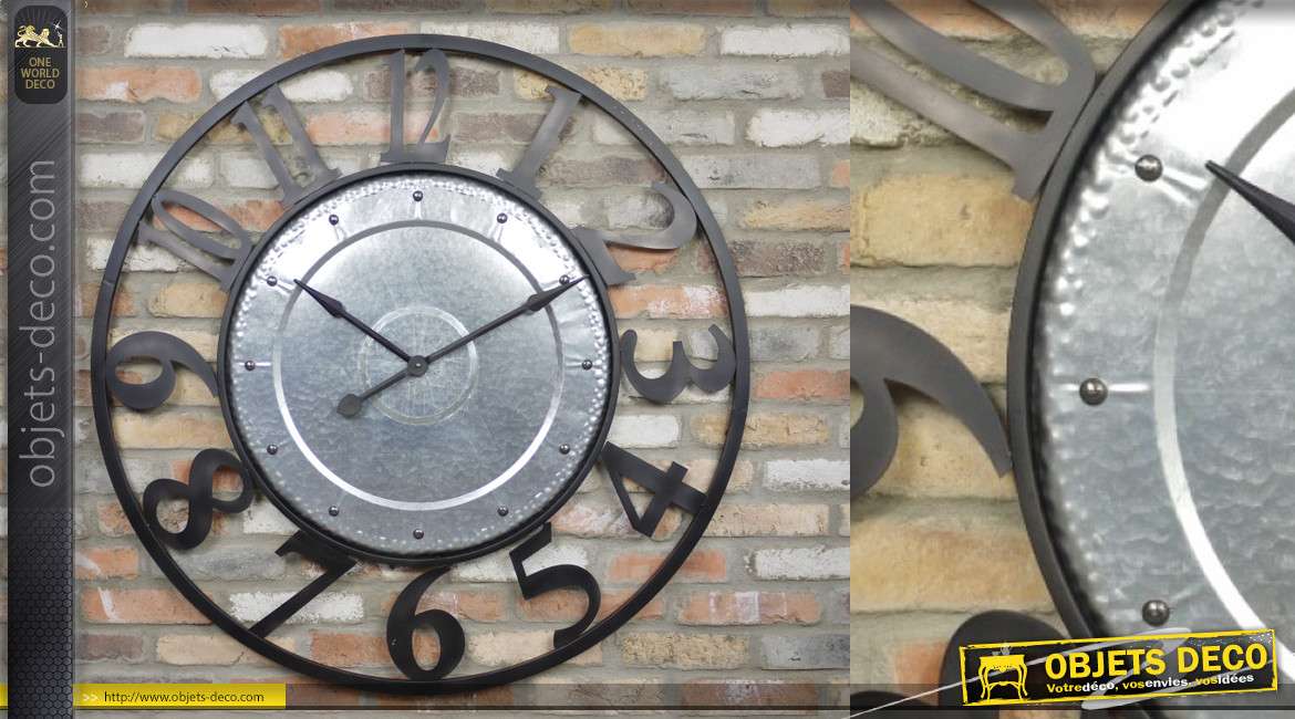 Très grande horloge murale en métal de style industriel, noir et alu, 114cm de diamètre
