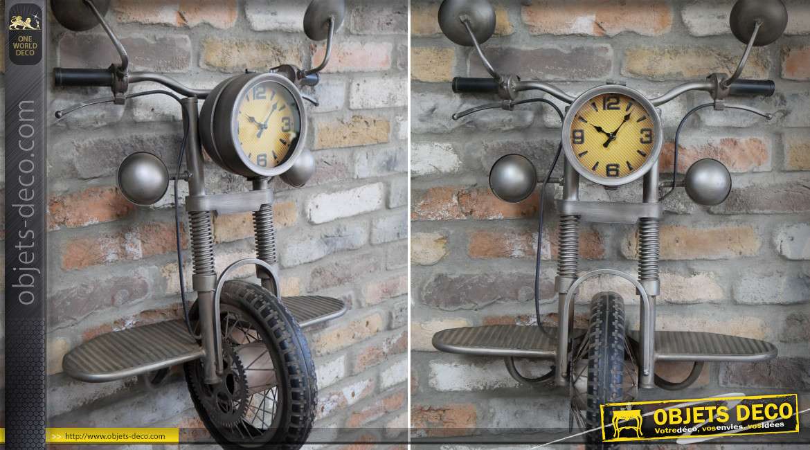 Etagère murale avec horloge moto vintage en métal coloris gris 80 cm