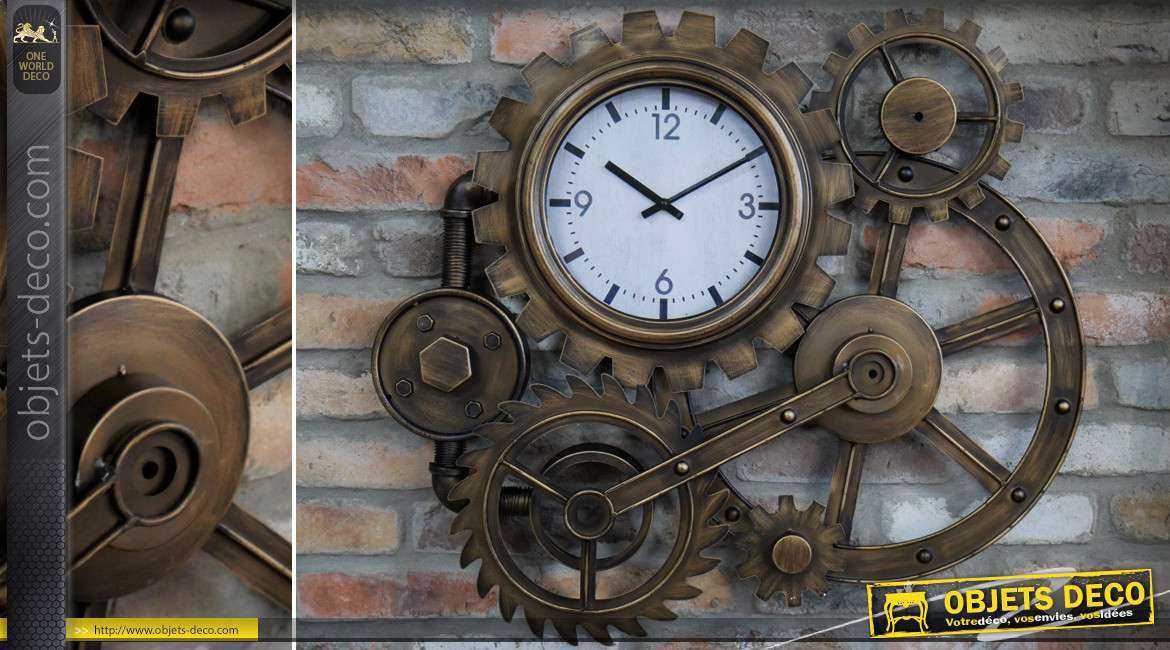 Horloge murale anciens engrenages industriels métal cuivré 75 cm