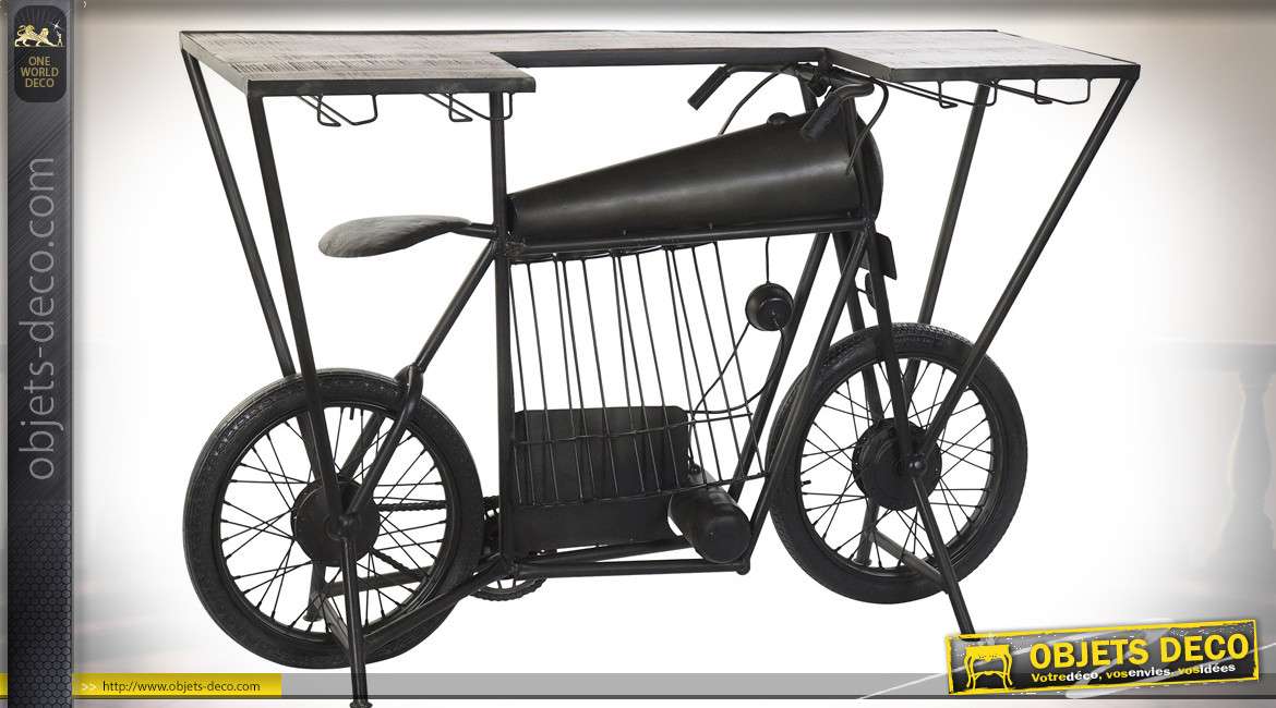 Console bar porte-bouteilles style moto vintage en bois et métal 157 cm