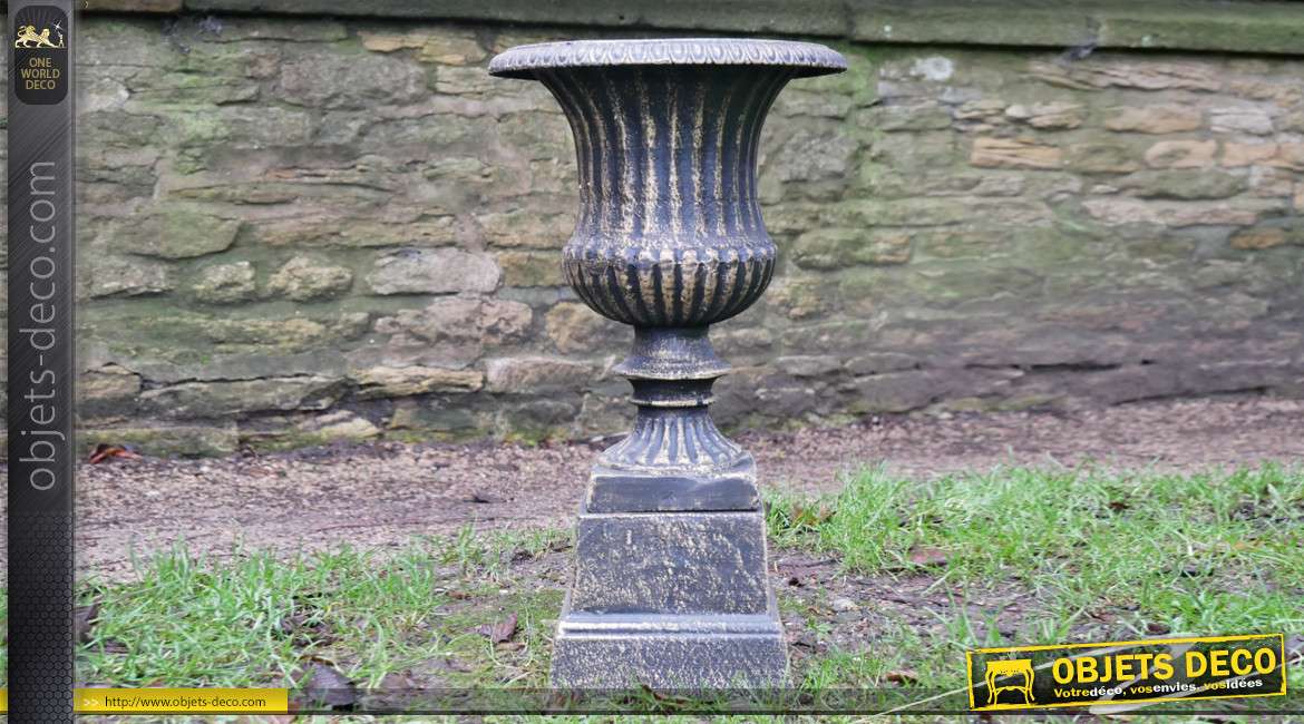 Vase style Médicis et base, en fonte finition noir et bronze ancien, 28cm de diamètre
