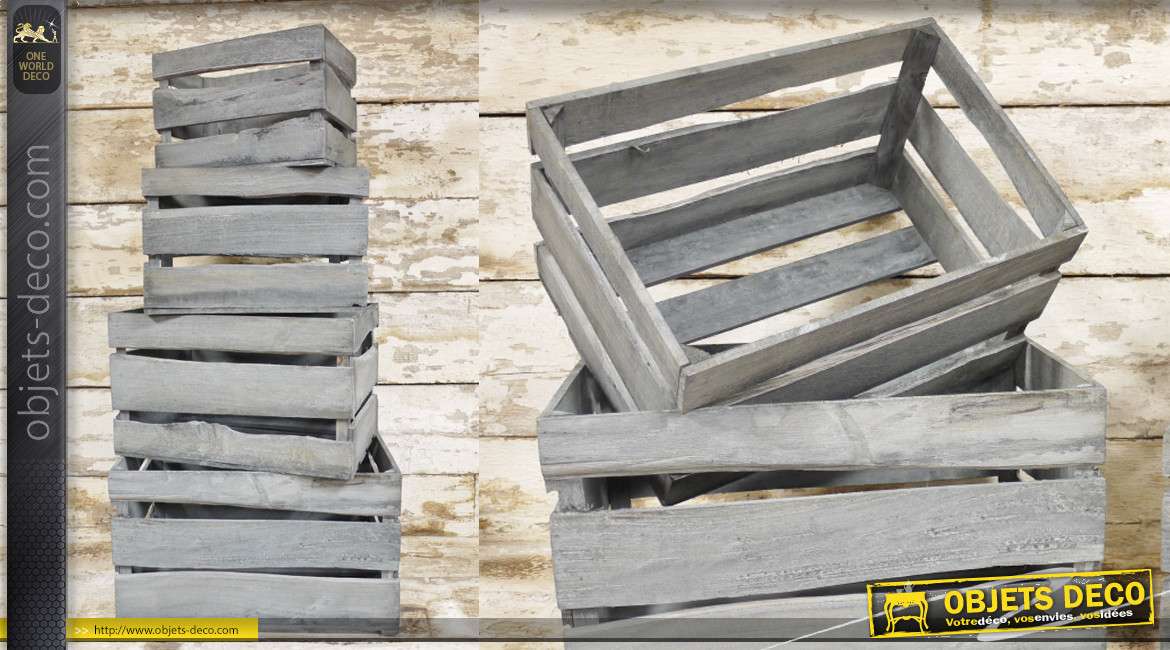 Série de 4 caisses en bois de tailles variées, finition gris ancien effet vieilles planches