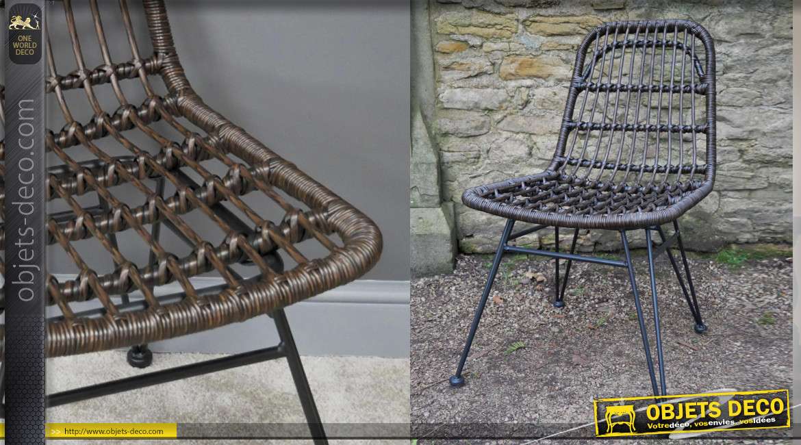 Chaise de jardin moderne, structure en métal noir et assise style rotin foncé, 83cm