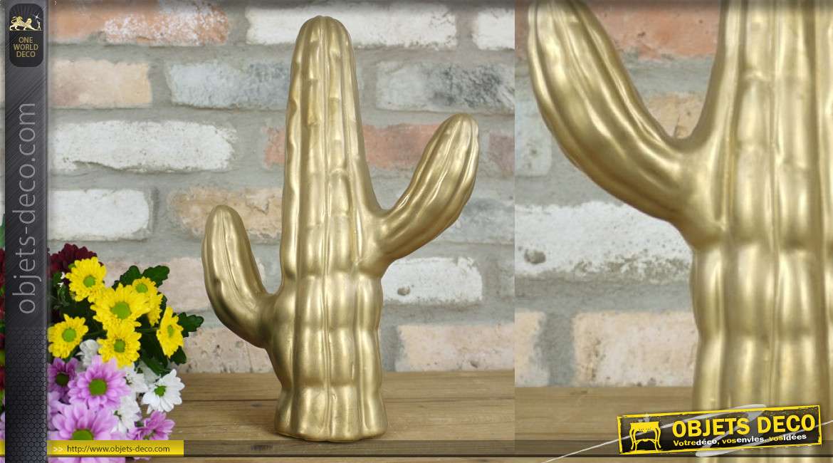 Cactus en céramique, déco moderne à poser, finition doré ancien, 31 cm