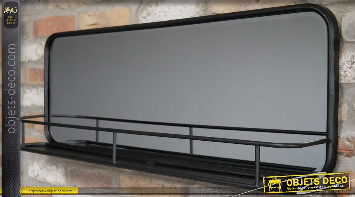 Miroir horizontal en métal, finition noir avec étagère fine à barreaux, 100cm