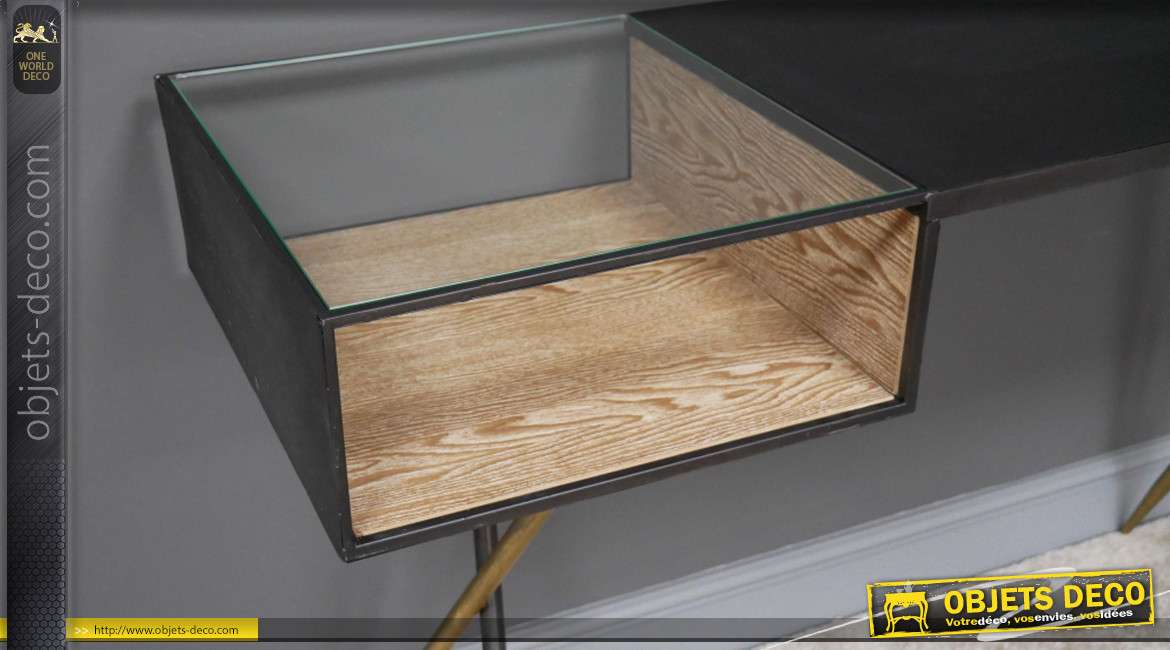 Bureau en métal et verre, style moderne rectiligne épuré, finition anthracite et bois