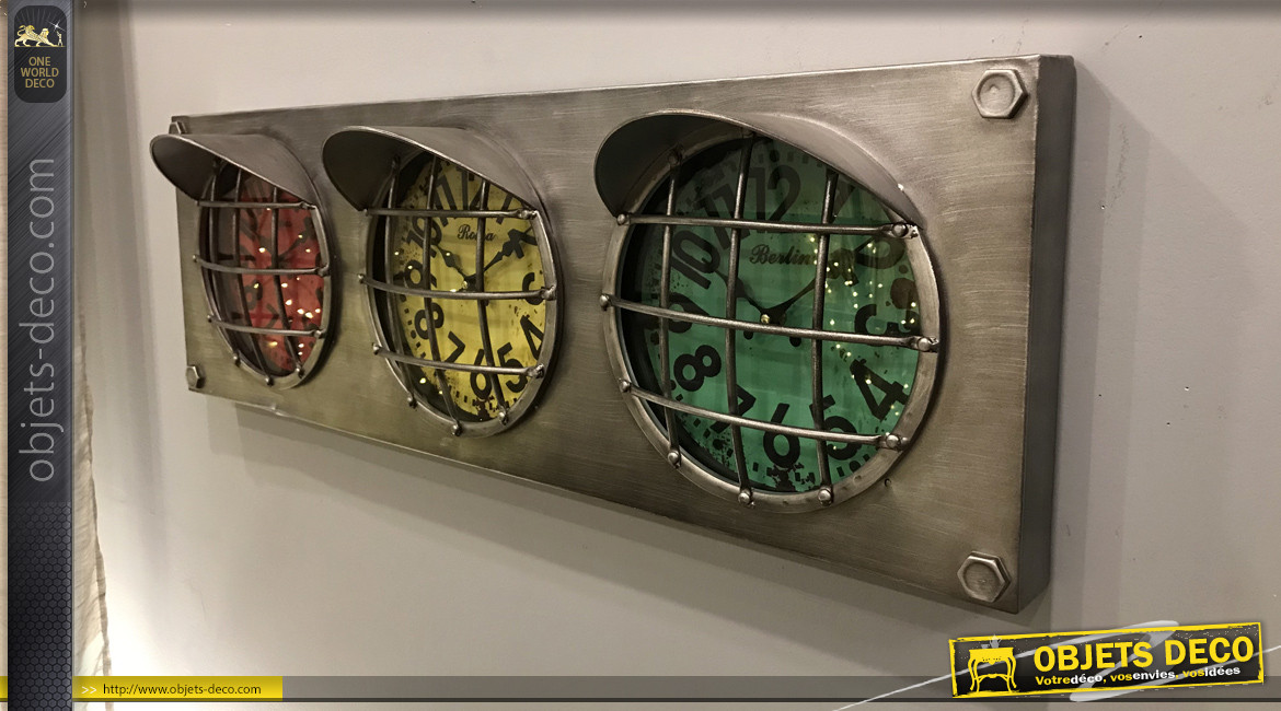 Horloge murale en métal style feu tricolore de circuit automobile, 3 cadrans colorés