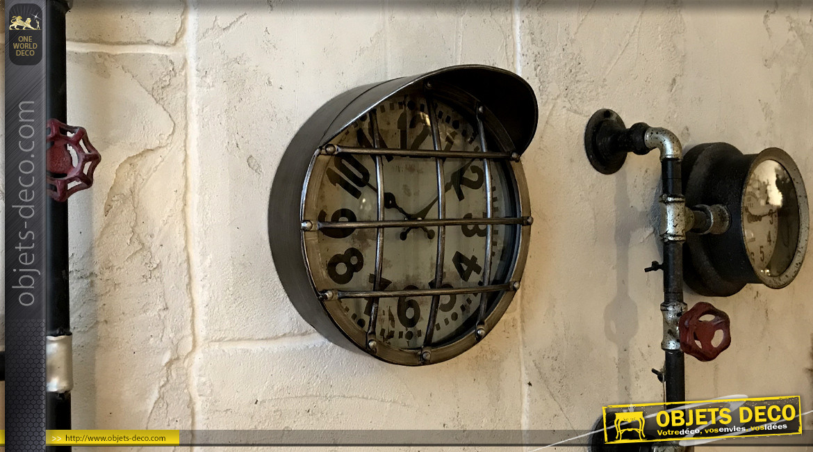 Horloge en métal style feu de signalisation industriel, Ø25cm