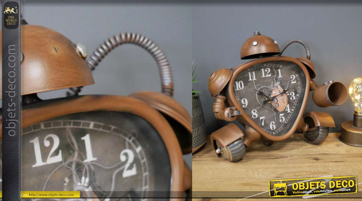 Horloge à poser en forme de robot vintage finition cuivré mat, 26cm de haut (pas un jouet)