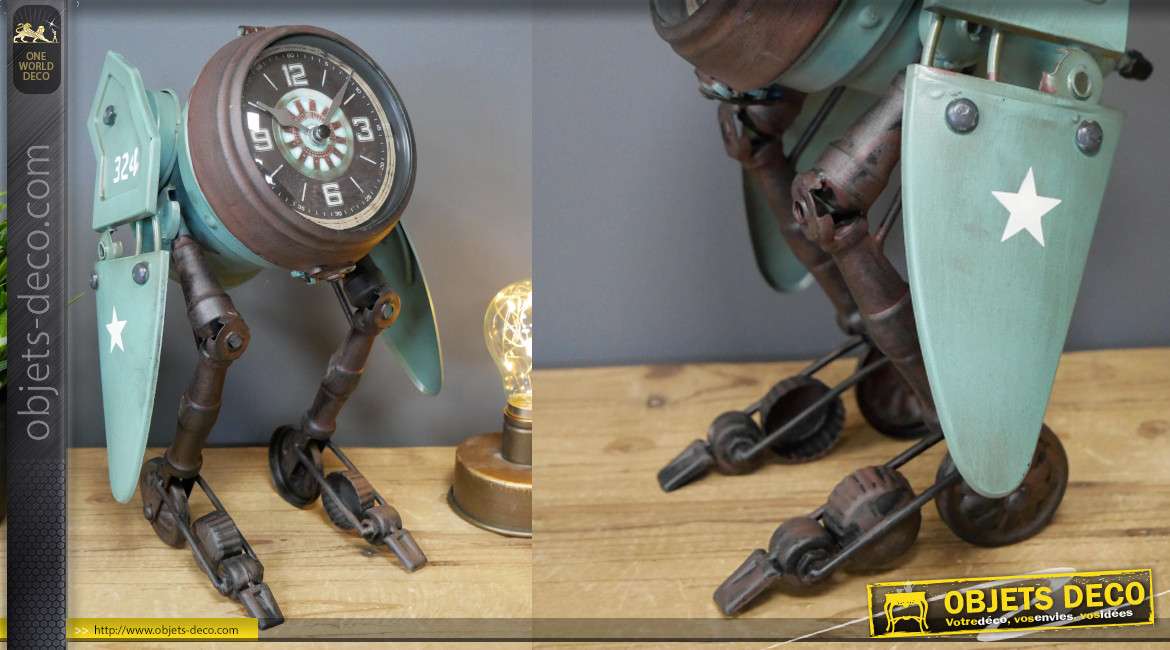 Horloge en forme d'ancien robot avec des ailes, en métal finition vintage, 32cm