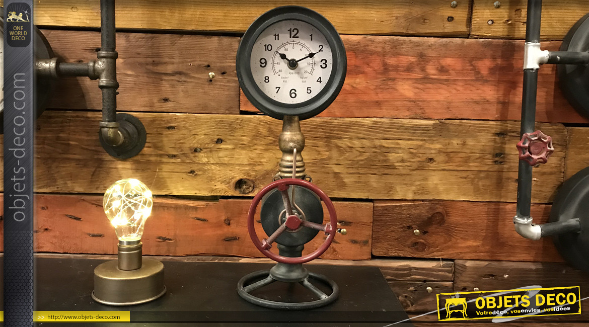 Horloge de bureau en métal, style ancienne plomberie avec vanne et nanomètre, 37cm