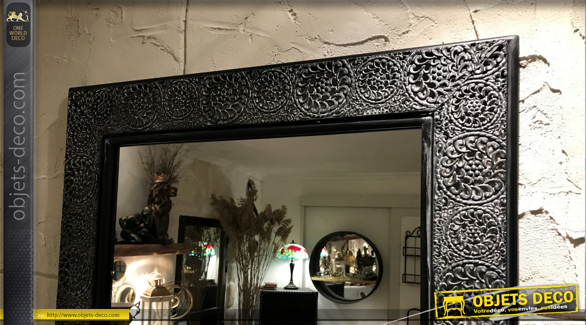 Miroir d'extérieur en métal, encadrement style moucharabieh finition gris noir ancien, 90cm