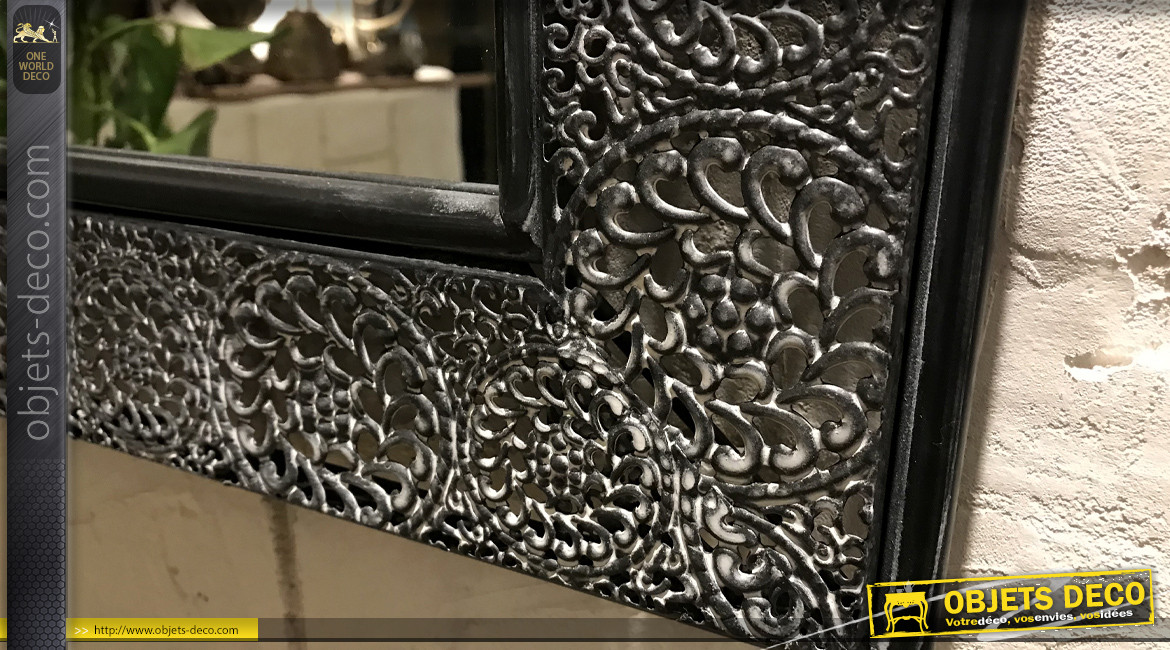 Miroir d'extérieur en métal, encadrement style moucharabieh finition gris noir ancien, 90cm
