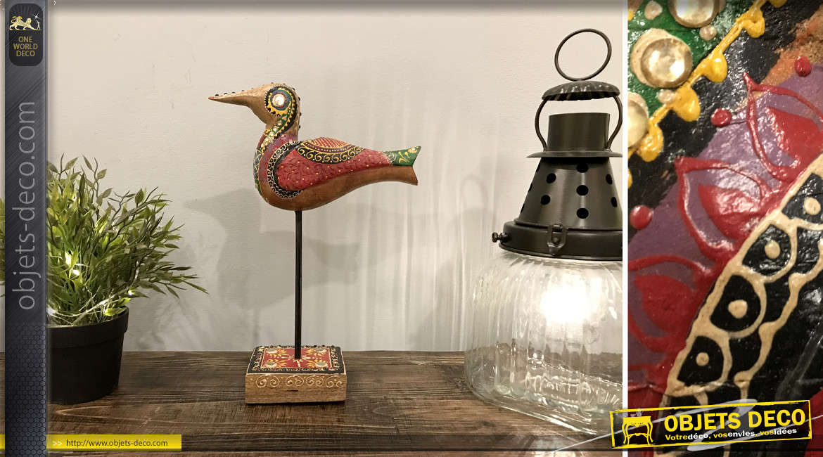 Sculpture d'intérieur d'un oiseau en bois de manguier et détails en métal, finition colorée ambiance ethnique, 31cm