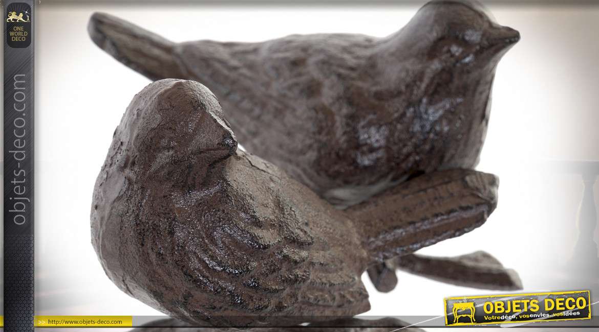Série de deux oiseaux en fonte finition vieux métal, objet décoratif de jardin, 12cm