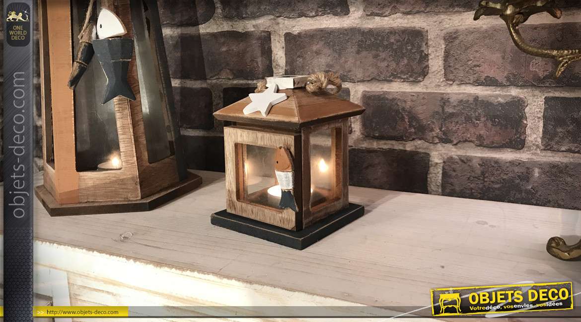 Petite lanterne déco en bois et verre style bord de mer 12,5 cm