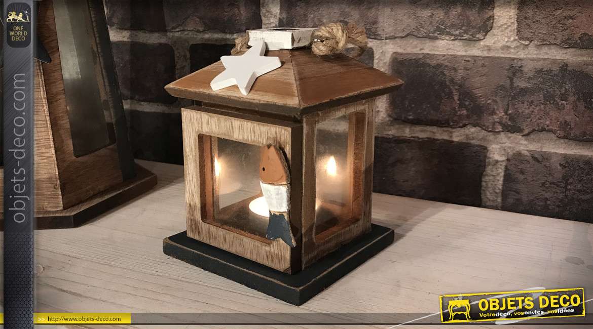 Petite lanterne déco en bois et verre style bord de mer 12,5 cm