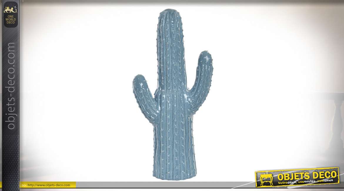 Décoration en céramique creuse, forme de cactus mexicain à deux branches finition bleu ciel satiné, 48cm