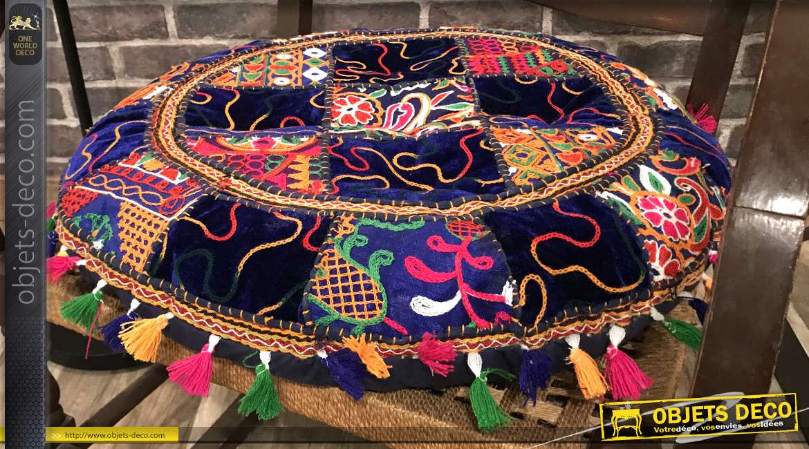 Grand coussin rond en coton épais, motifs patchwork très coloré avec franges et pompons, esprit incas, Ø55cm