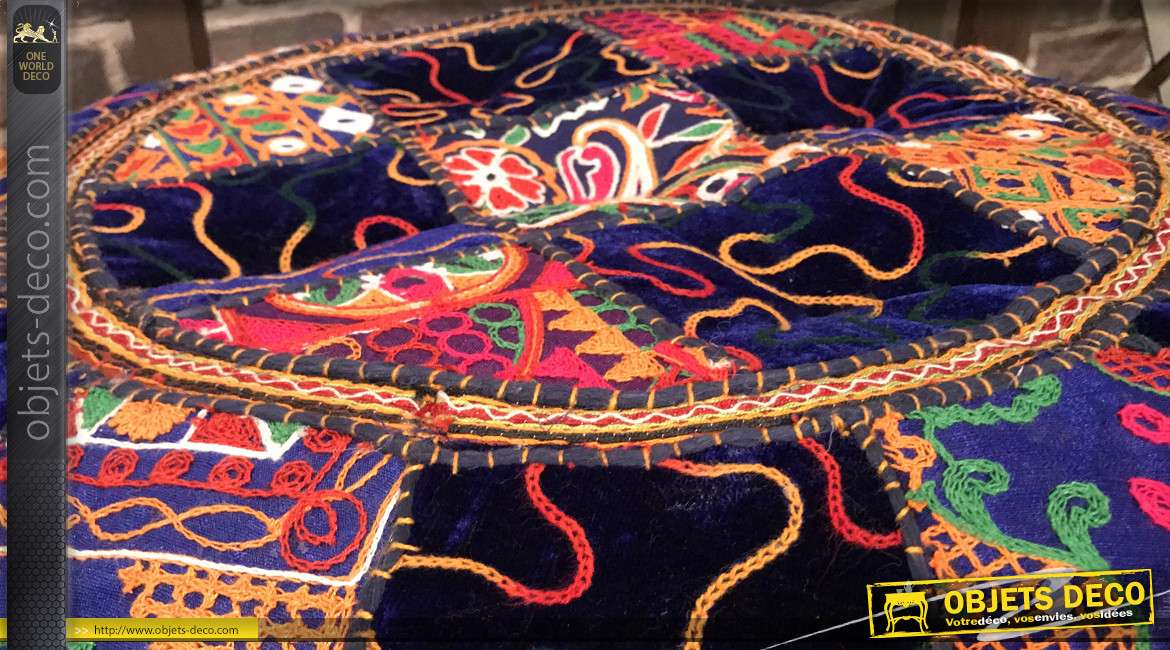 Grand coussin rond en coton épais, motifs patchwork très coloré avec franges et pompons, esprit incas, Ø55cm
