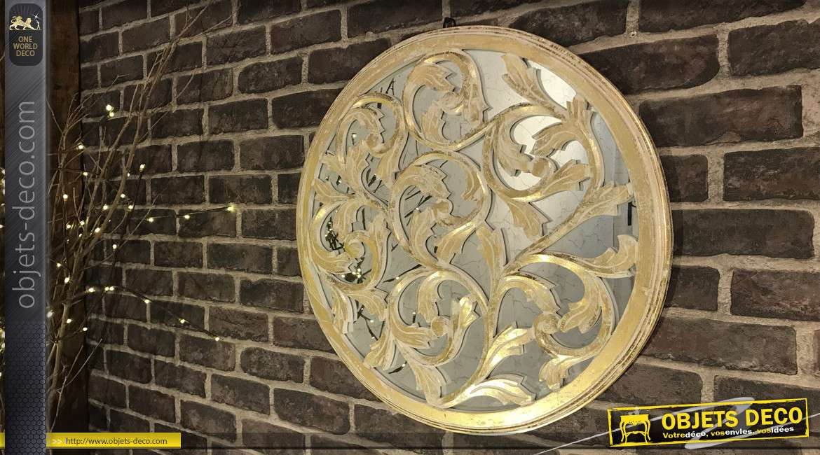 Décoration murale ronde, en bois avec miroir en fond, finition dorée et argentée effet anciennes, esprit classique, Ø59cm