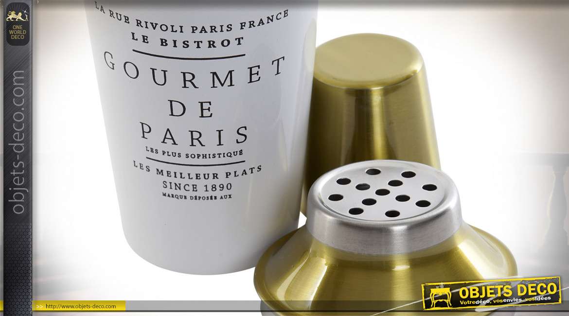 Shaker en inox décoratif, finition blanc et doré style bistrot chic parisien, 500ml