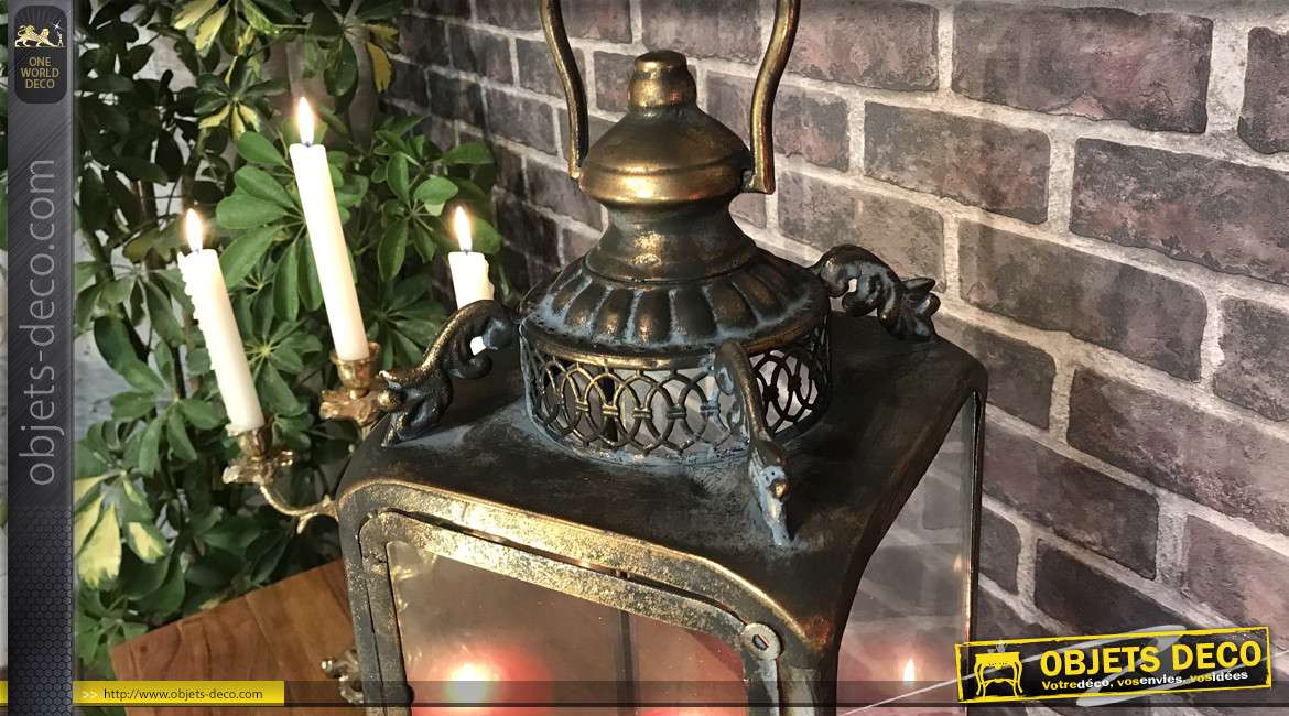 Grande lanterne rétro en métal doré et vieilli 54 cm
