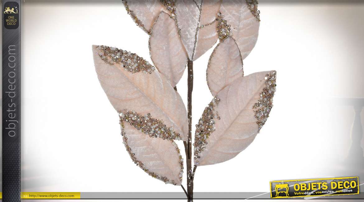 Branche décorative en coton effet velours rose pourdré, perles brillantes sur les bords de feuilles, 76cm